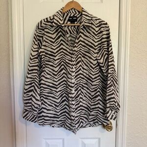 Tahari 100% Linen Zebra Print Button-Up Shirt Medium Office Casual Spring